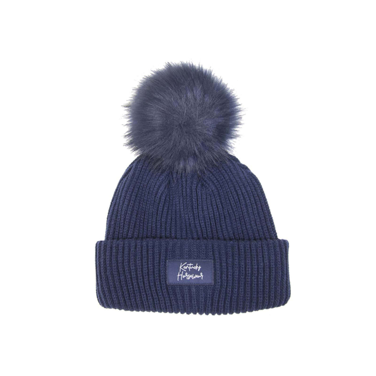 Mütze Bommel Strickmütze Kunstpelz, Marine, Produkt allein auf weißem Hintergrund.