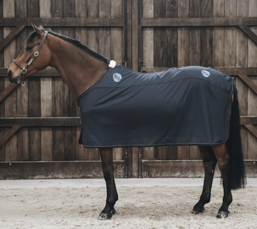 Kentucky Horsewear Pferdedecke Magnetic Rug Recuptex mit Magnetfeldern, dunkles Blau, Pferd trägt Decke im Stall.