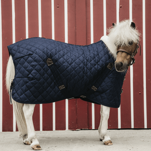 Stalldecke400g Stable Rug Tiny Ponydecke, Navy, Pony trägt die Decke im Stall.