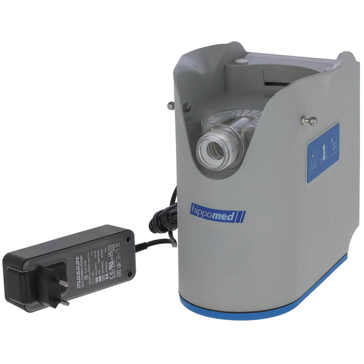 Hippomed Akku-Ultraschall-Inhalator ohne Maske AirOne Flex Pferdeinhalator, Detailaufnahme mit Ladegerät.