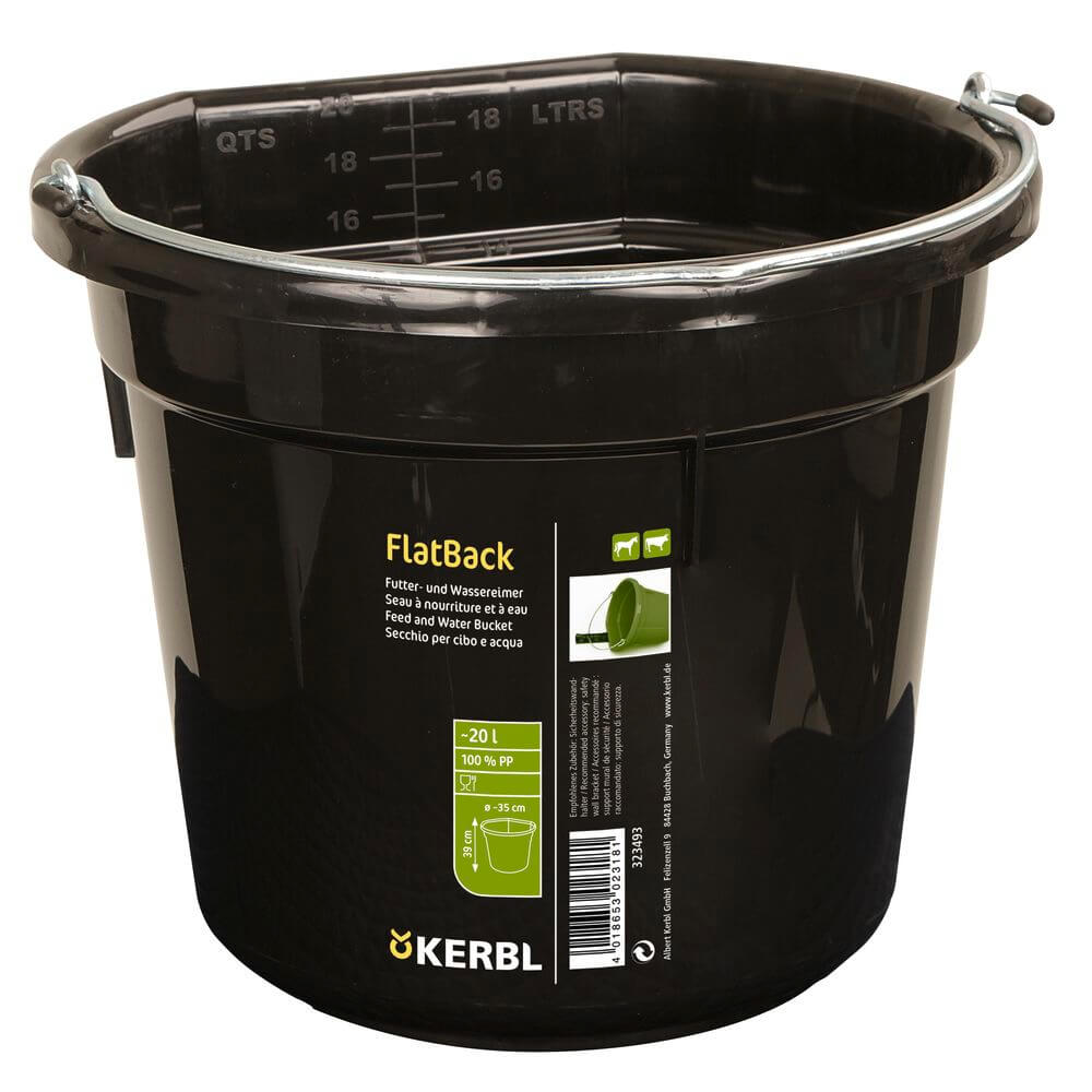 KERBL Futter- und Wassereimer FlatBack, Schwarz, Produkt allein auf weißem Hintergrund.