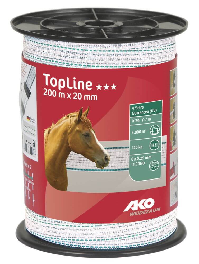 Weidezaunband Top Line, Rot, Produkt allein auf Rolle mit Pferdeabbildung.