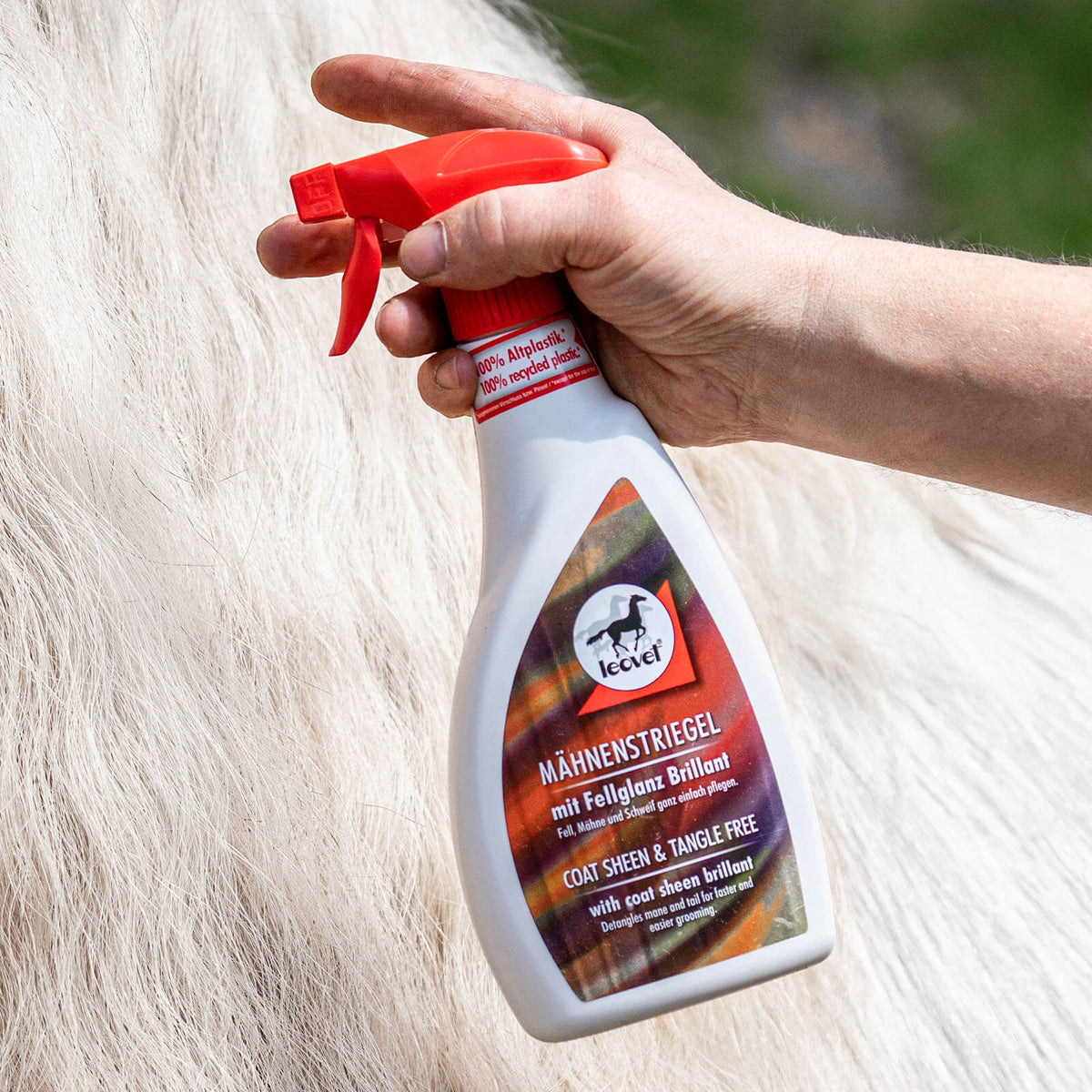 leovet Pflegemittel Mähnenstriegel Fell- und Langhaarspray, Produkt allein beim Sprühen auf Pferdefell.