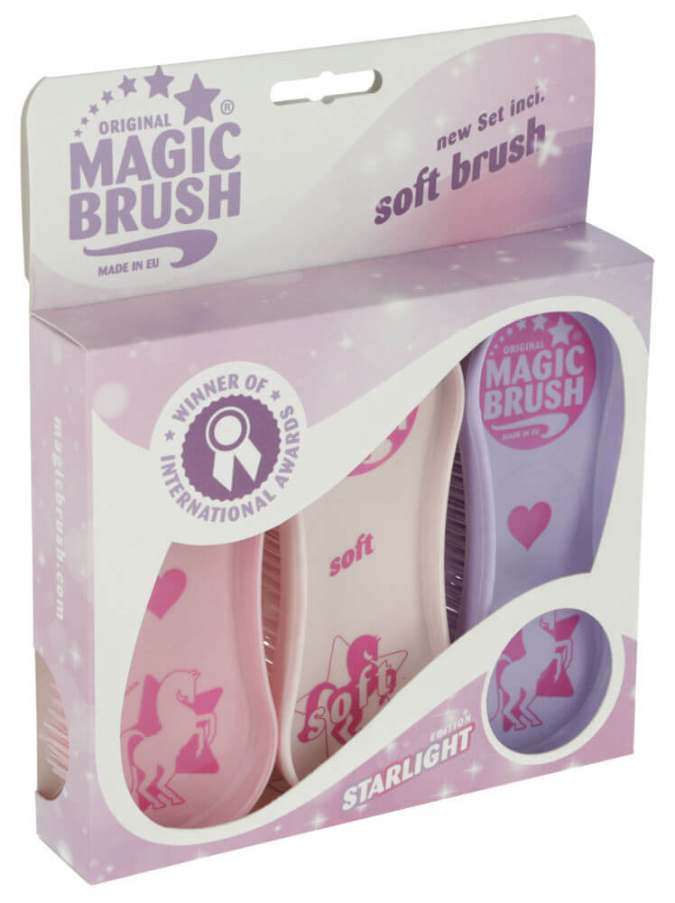 Magic Brush Pferdebürsten Set Putzbürsten Striegel, mehrere Farbvarianten, Produktverpackung auf weißem Hintergrund.