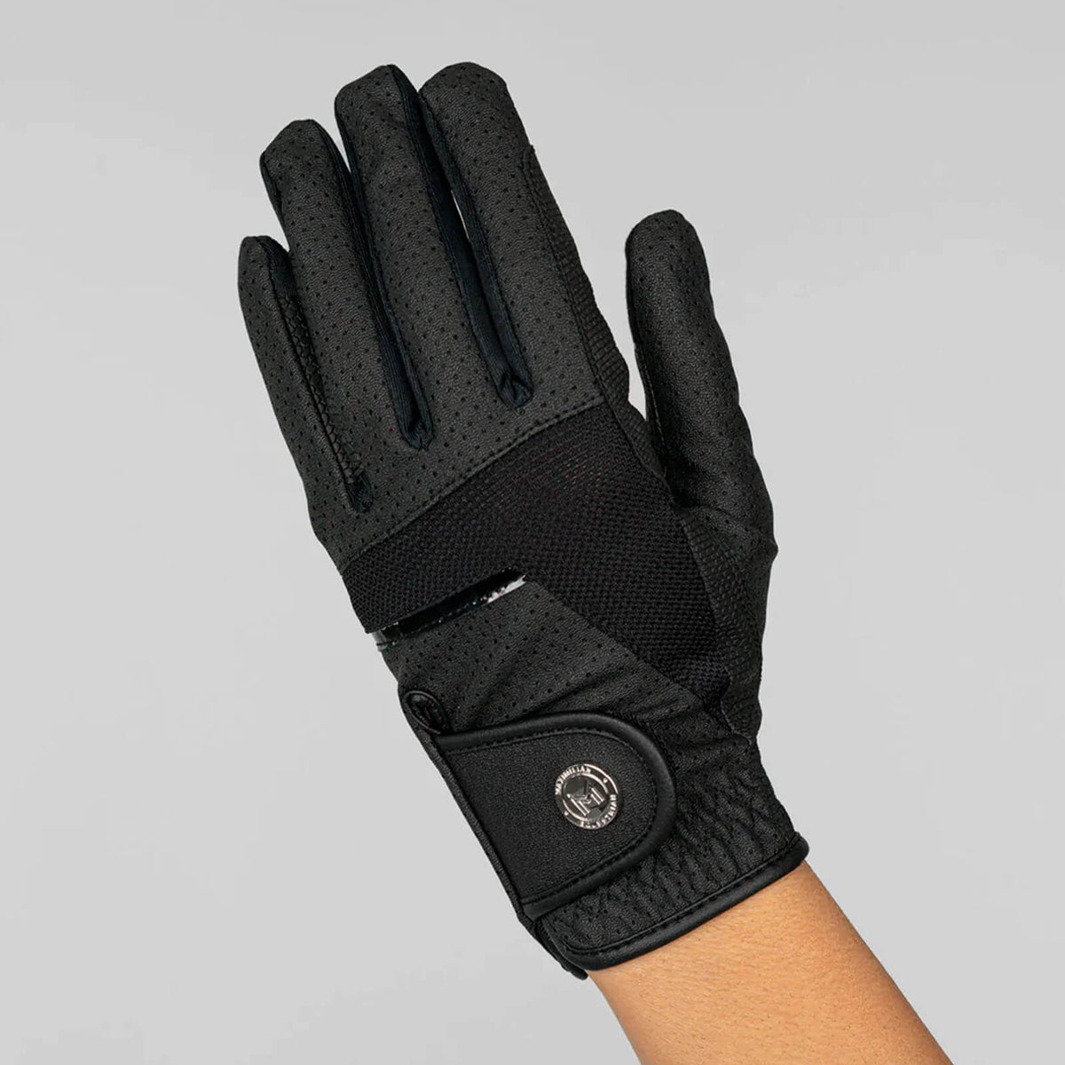 Handschuh Max Reithandschuh, Schwarz, an einer Hand getragen.