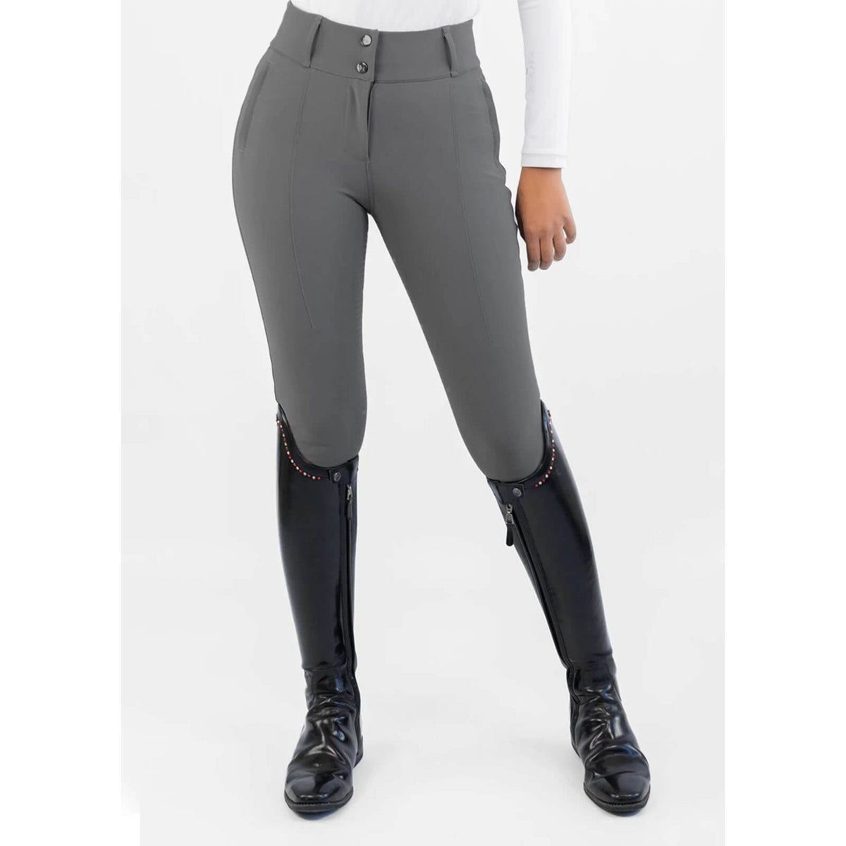 Reithose Damen Full-Grip Honour Damenreithose, Grey, an Model im Stehen getragen.