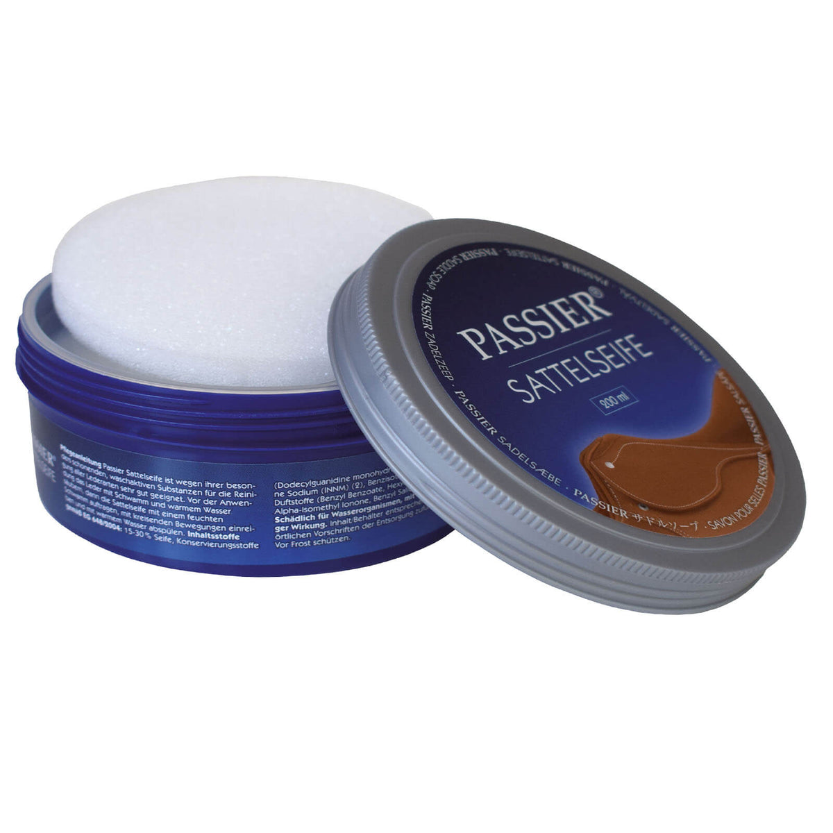 Passier Sattelseife, 200 ml, Produktdose mit geöffneter Seife auf weißem Hintergrund.