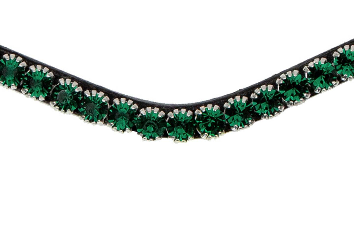 Stirnband Sleek Emerald mit Druckknöpfen, Schwarz, Detailaufnahme des schmalen Stirnbands mit grünen Kristallen.