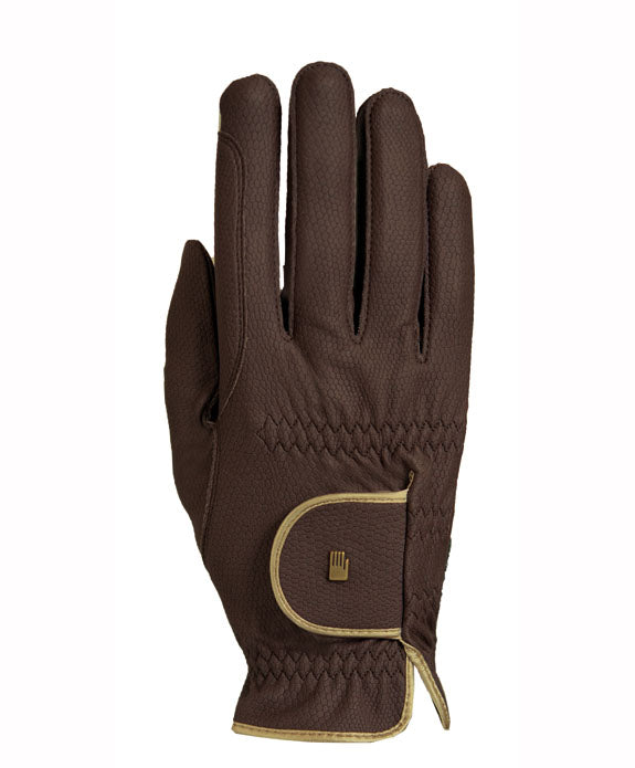 Reithandschuh Lona Handschuh, Gold/Mokka, einzelner Handschuh auf weißem Hintergrund.