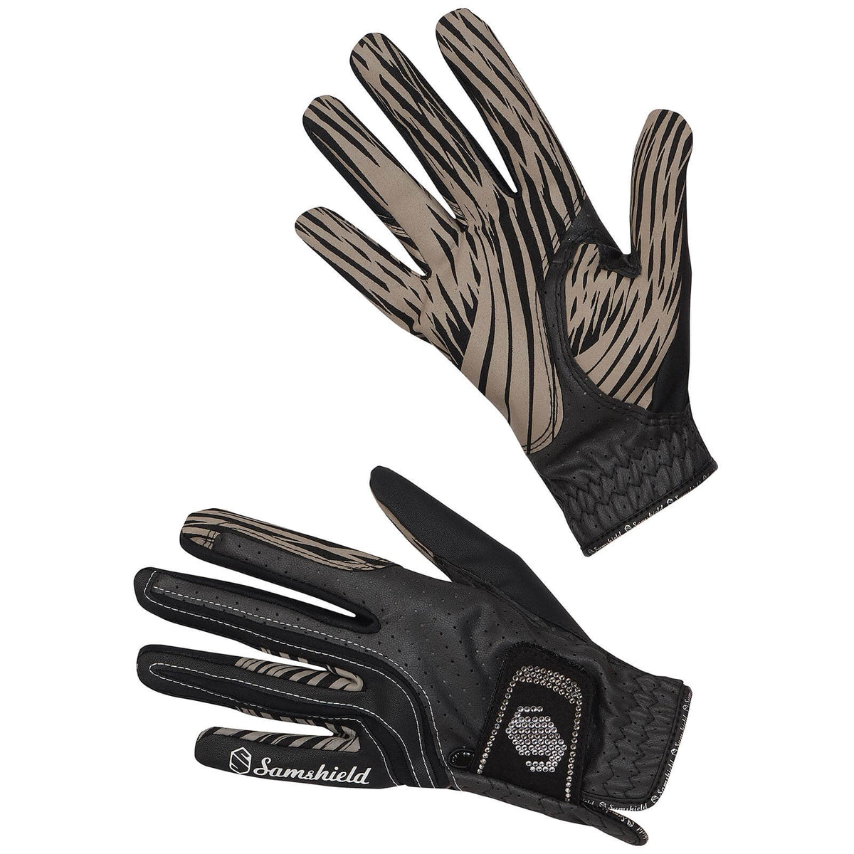 Samshield Reithandschuh V-Skin Crystal, Schwarz, zwei Handschuhe im Detail auf weißem Hintergrund.