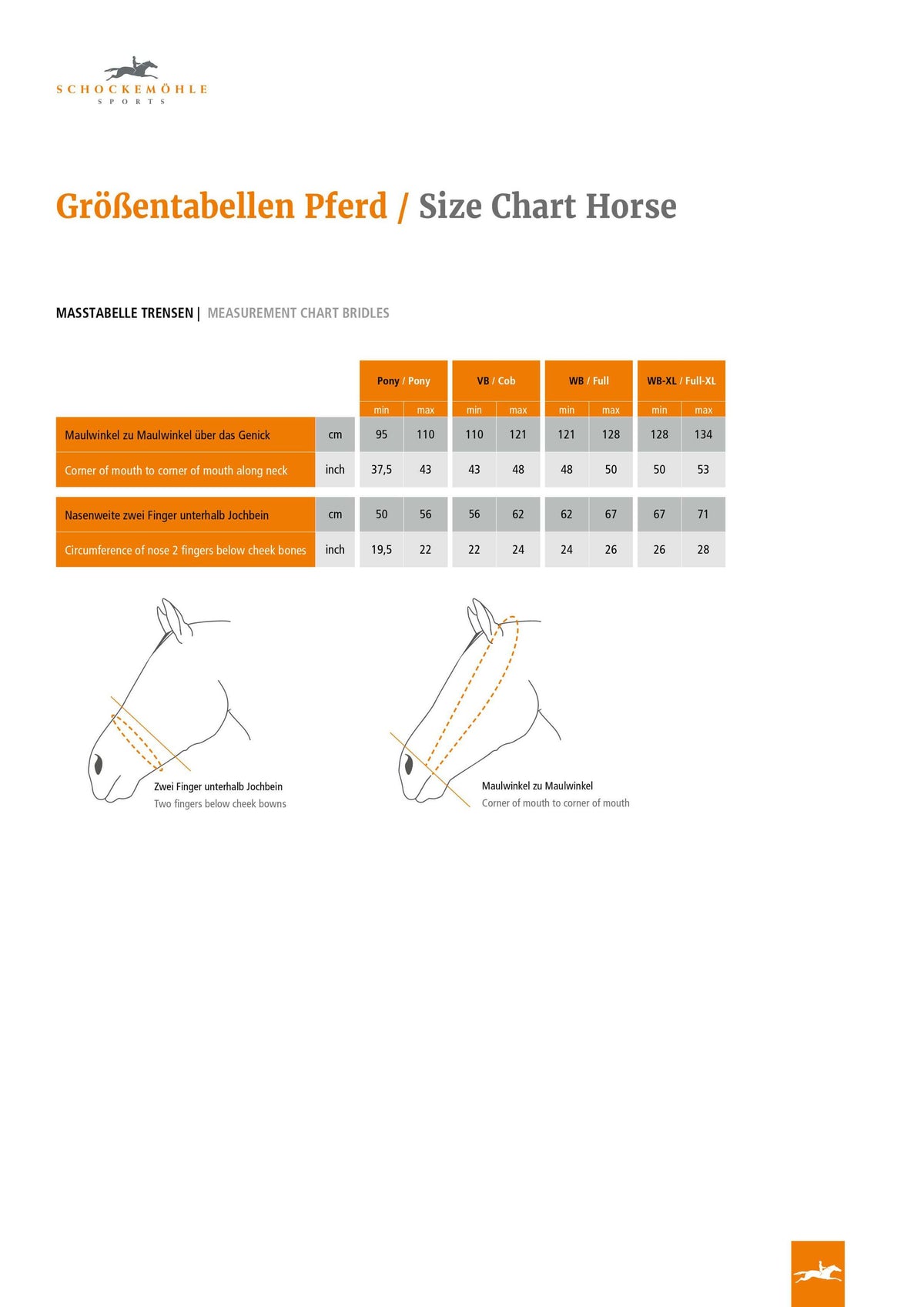 Schockemöhle Sports Trense Berlin Trensenzaum, Maßtabelle und Pferdekopfskizzen zur Größenbestimmung.