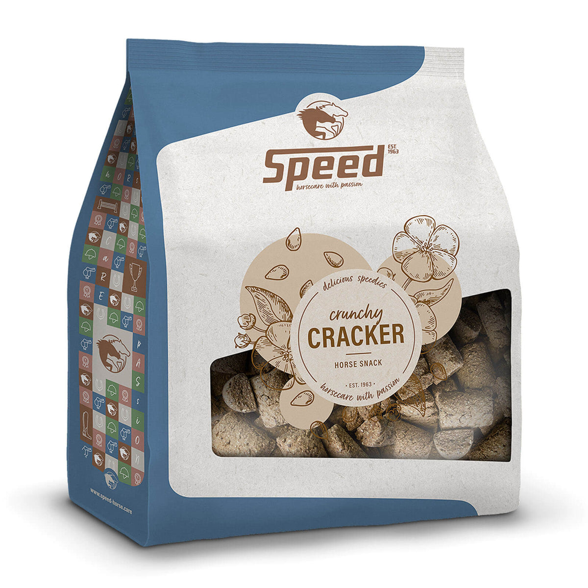 Speed Leckerlies Delicious Speedies Cracker, 2,5 kg, blaue Verpackung mit Sichtfenster.