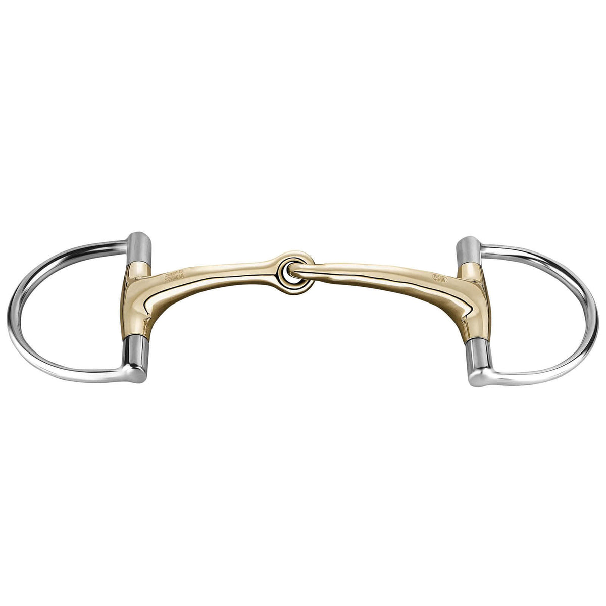 D-Ring Trense Einfach Gebrochen Dynamic RS 14 mm SENSOGAN® Hunter Jumper Gebiss, gold, Produkt allein auf weißem Hintergrund.