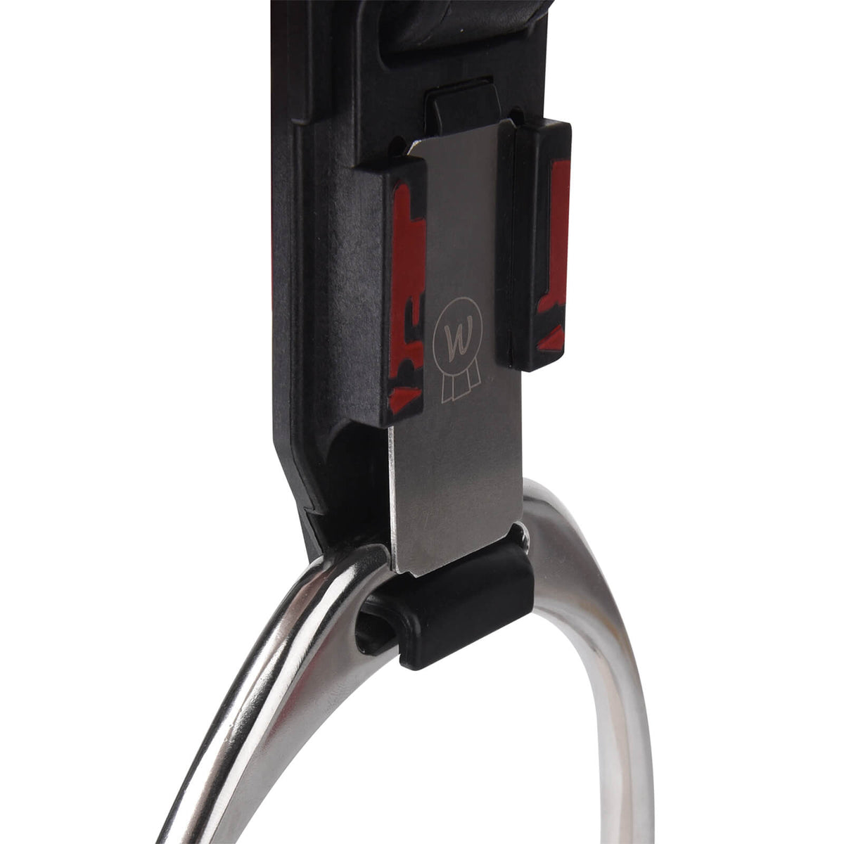 Waldhausen Steigbügelsicherung Safety Clip, schwarz, Detailaufnahme am Steigbügel.