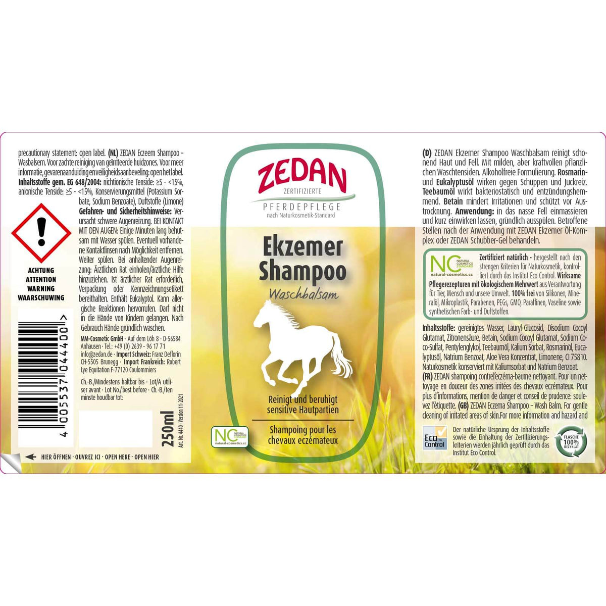 ZEDAN Ekzemershampoo - Waschbalsam Pferde, 250 ml, Produktverpackung auf weißem Hintergrund.
