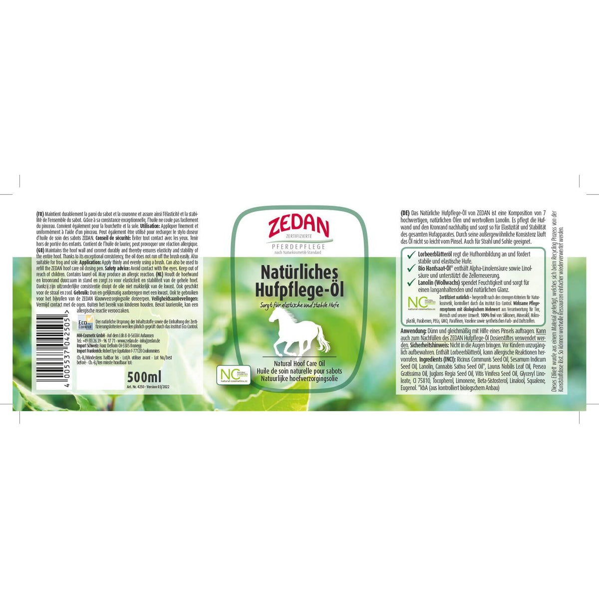 ZEDAN Natürliches Hufpflege-Öl, 500 ml, Produkt allein auf grünem Etikett.