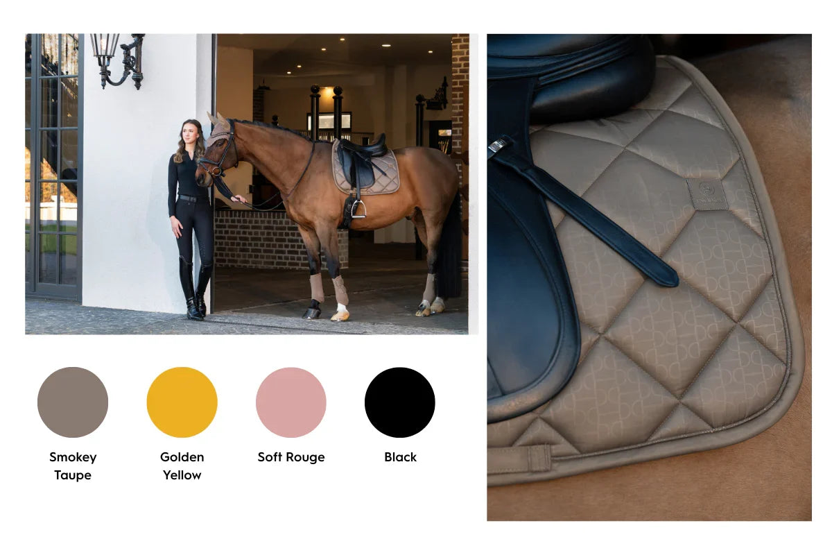 Reiterin steht mit Pferd vor Stall, Schabracke in Smokey Taupe, Golden Yellow, Soft Rouge und Black, Die PLATINUM-KOLLEKTION 2025 by #ESKADRON.