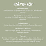 Infografik mit Schritt-für-Schritt-Hinweisen: Langsam starten, lauwarmes Wasser, Kopf auslassen.