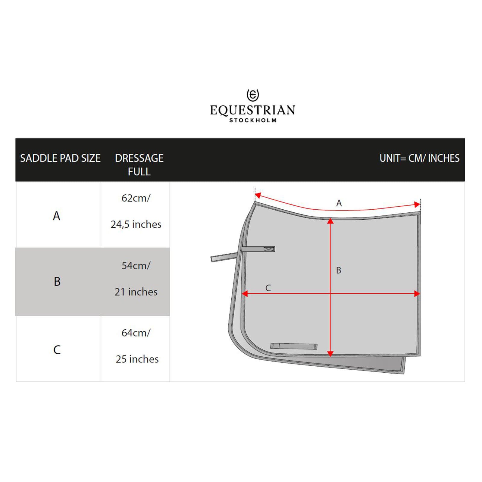Equestrian Stockholm Schabracke Dressur Modern White Black Edition Dressurschabracke, Grau, Maßdiagramm der Dressurschabracke.