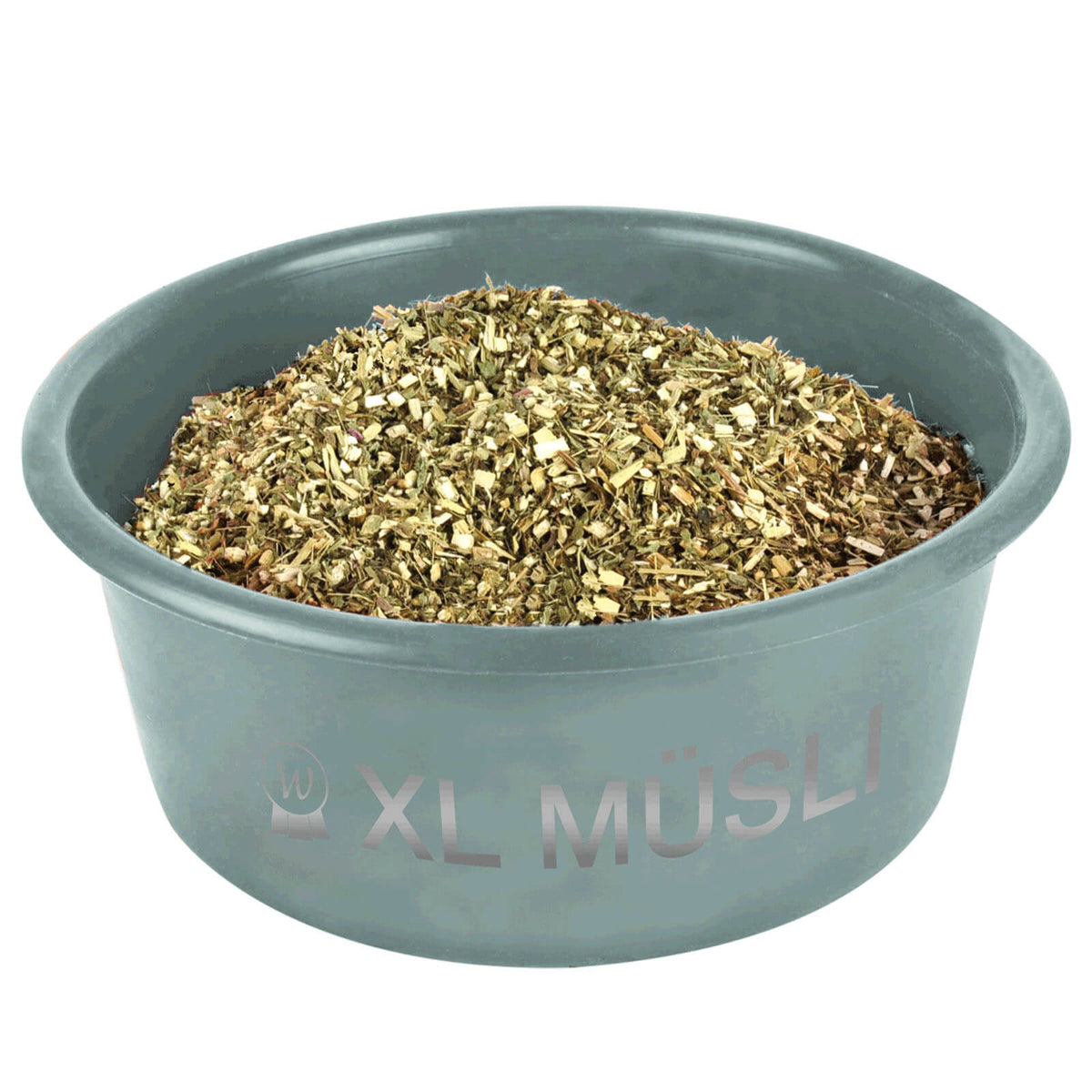 Müsli-Schale XL mit Deckel Futterschüssel Pferd, Mistel, Produkt allein mit Futter gefüllt.