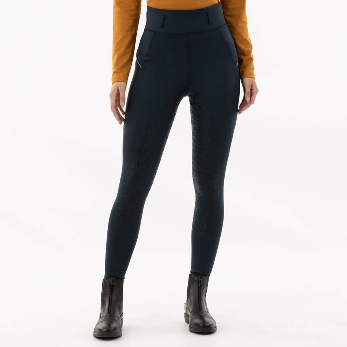 Reitleggings Damen HW 2024 Florien Full-Grip Reitleggings, Carbon, an einer Person getragen.