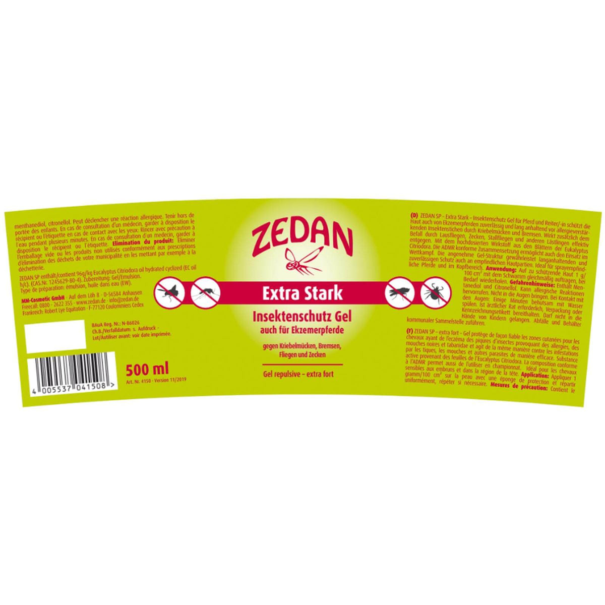 ZEDAN Insektenschutz Gel -extra stark- Fliegenschutz, 500 ml, Produktetikett auf grünem Hintergrund.