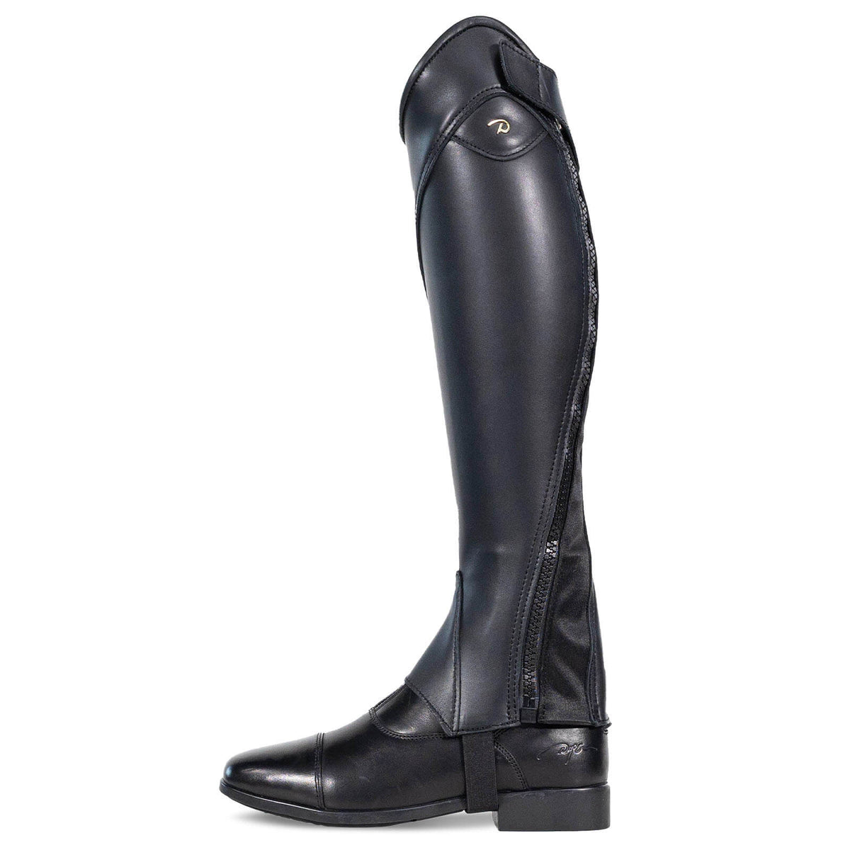 Mini Chaps Classic Comfort Standard, Schwarz, am Reitbein getragen.