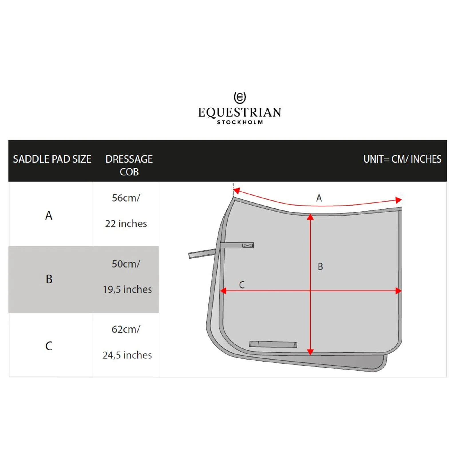 Equestrian Stockholm Schabracke Dressur Modern White Black Edition Dressurschabracke, White Black Edition, Maßtabelle der Dressurschabracke.