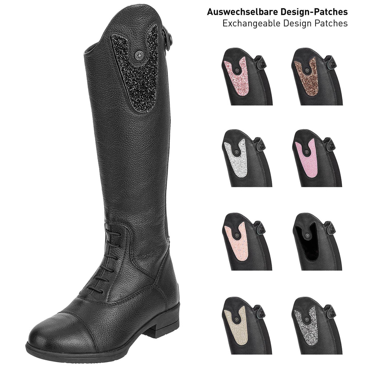 Patches Nova Kids Fun, mehrfarbige Design-Patches am Kinderreitstiefel.