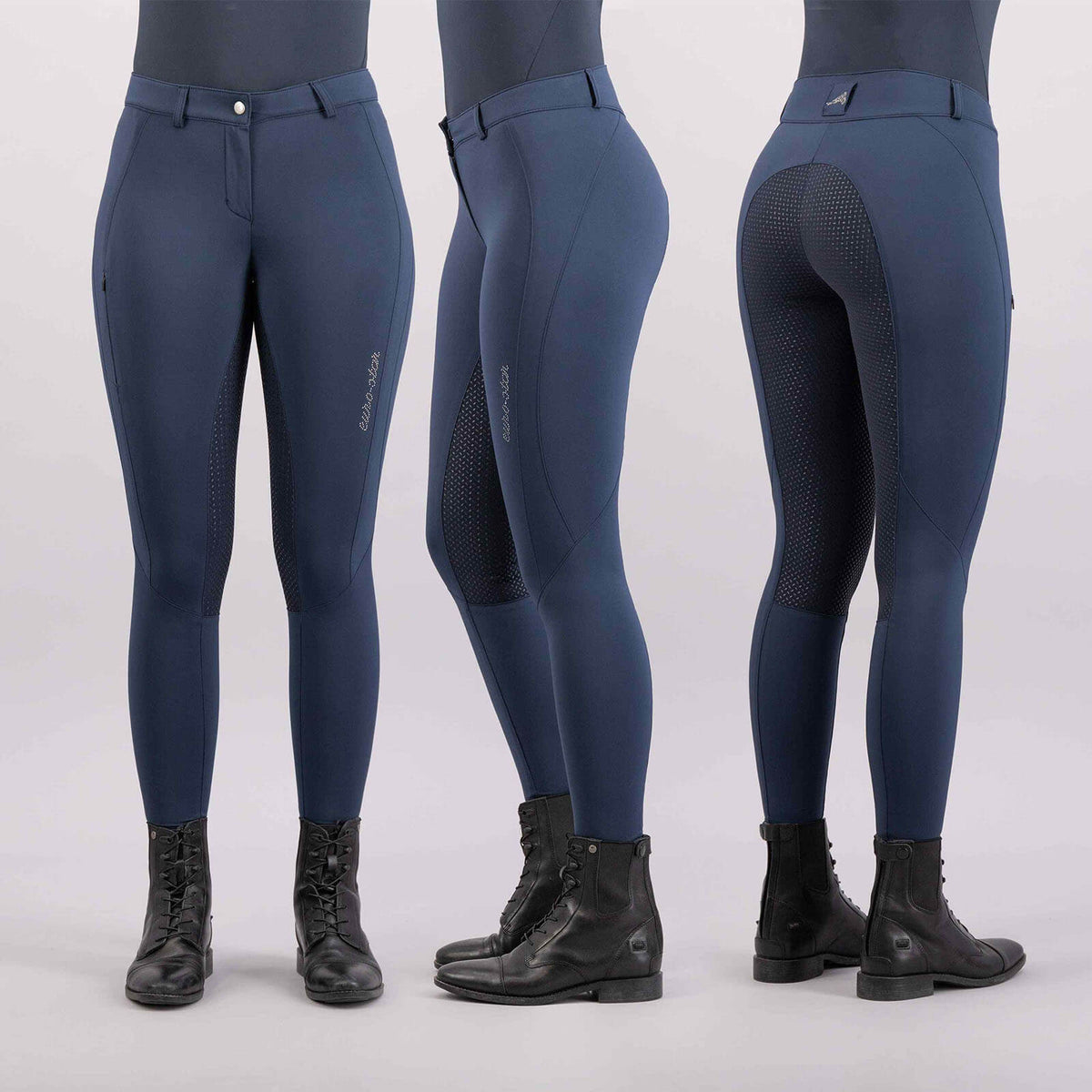 Euro-Star Reithose Damen Full-Grip ESSea Breeze Queen FS 2023 Vollbesatz Damenreithose, Navy, Modell an drei Ansichten getragen.