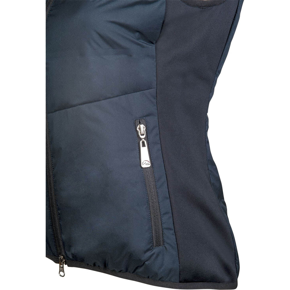 HKM Heizweste Comfort Temperature-Style, Dunkelblau, Detailaufnahme der Seite mit Reißverschluss.