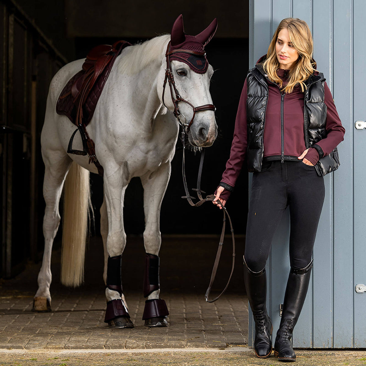 BR Ohrenhauben HW 2024 Femme Lycra Fliegenohren, Bordeaux, Pferd mit Reiterin vor Stall.