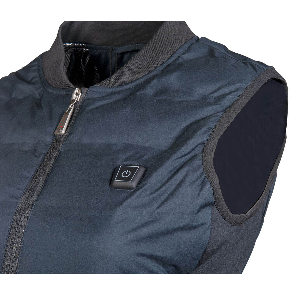 Heizweste Comfort Temperature-Style, Dunkelblau, Detailaufnahme mit Reißverschluss und Schalter.