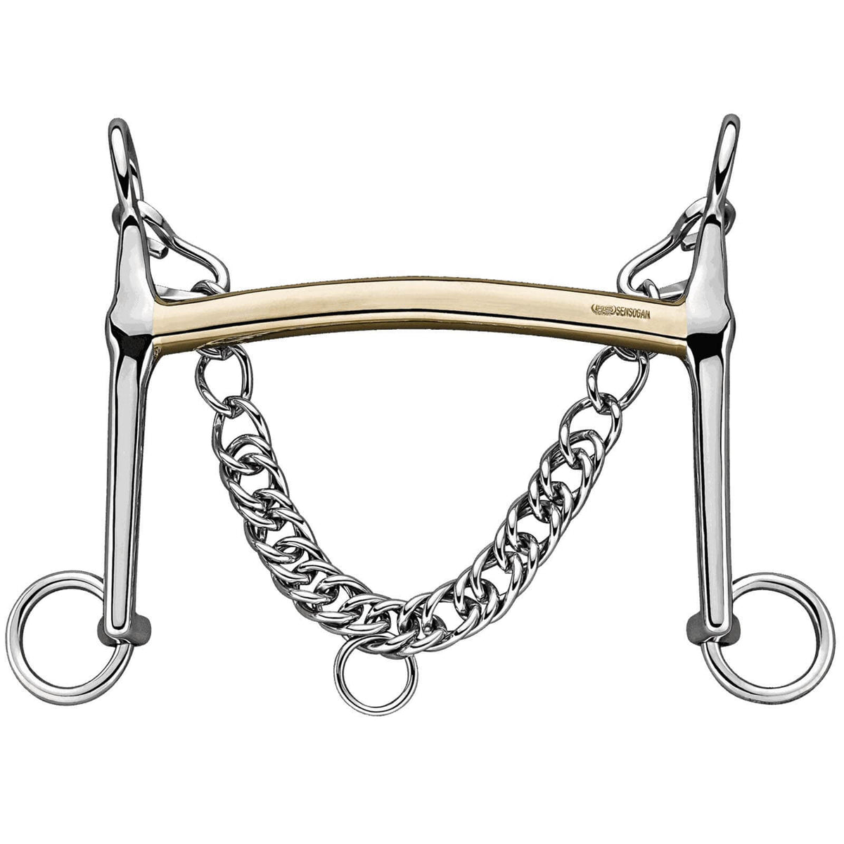 Sprenger Dressurkandare Lang Französisch 14 mm SENSOGAN® Reitkandare, goldfarben, Produkt allein auf weißem Hintergrund.