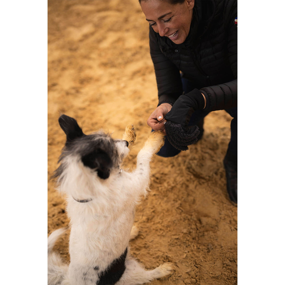 Roeckl Winterreithandschuh Unisex Dog-Walker Neuberg Winter Stallhandschuh, Schwarz, Person mit Hund in der Reithalle.