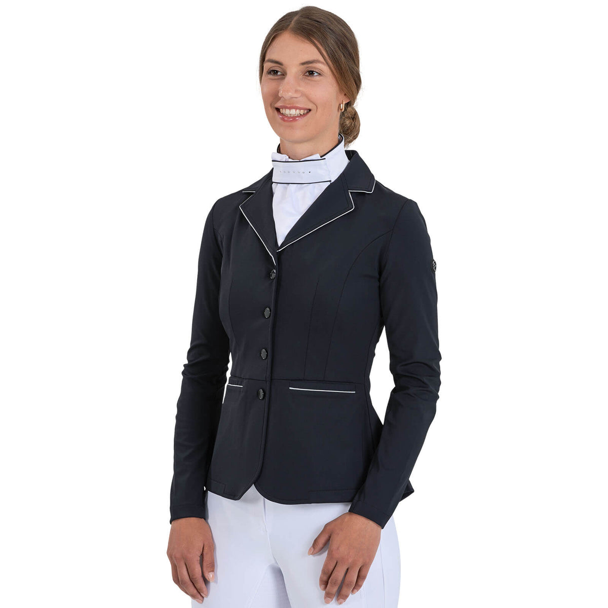 Turnier-Sakko Damen Monteau Turnierjacket, Schwarz, Person trägt das Produkt.
