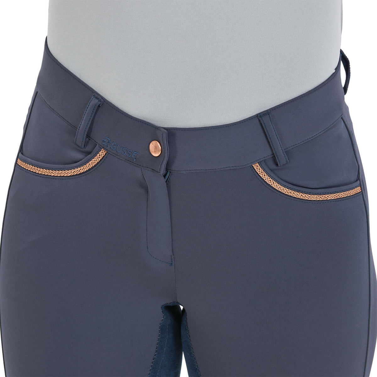 Busse Reithose Damen Full-Grip Malika Pro Damenreithose Vollbesatz, Marine, Detailaufnahme vorne.