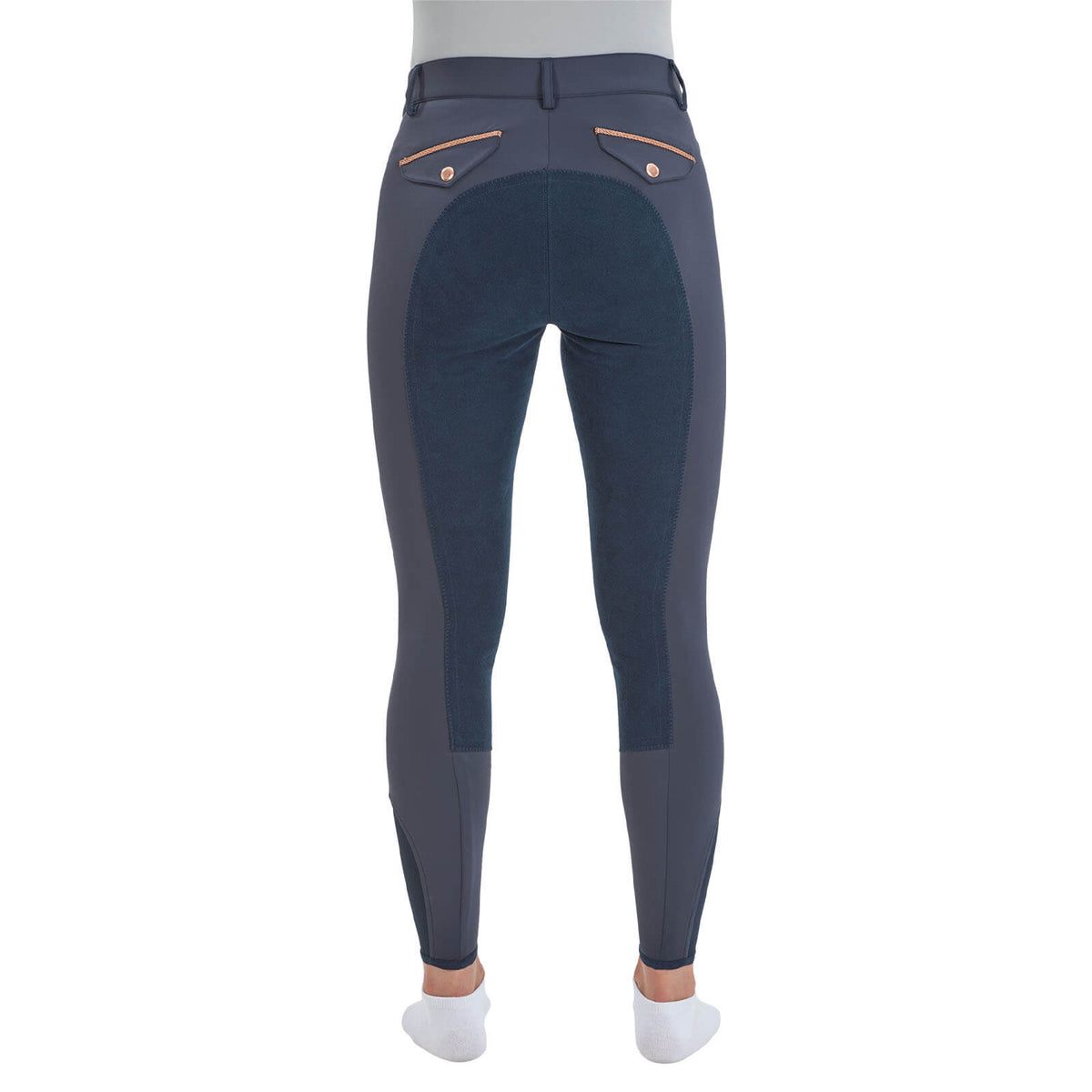 Reithose Damen Full-Grip Malika Pro Damenreithose Vollbesatz, dunkelblau, Person trägt die Reithose von hinten.
