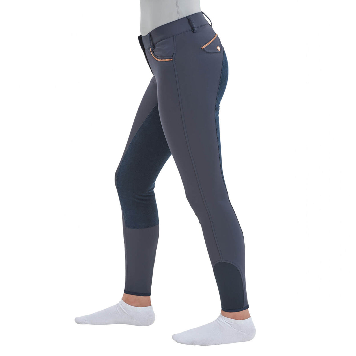 Reithose Damen Full-Grip Malika Pro Damenreithose Vollbesatz, Navy, Person trägt die Reithose.