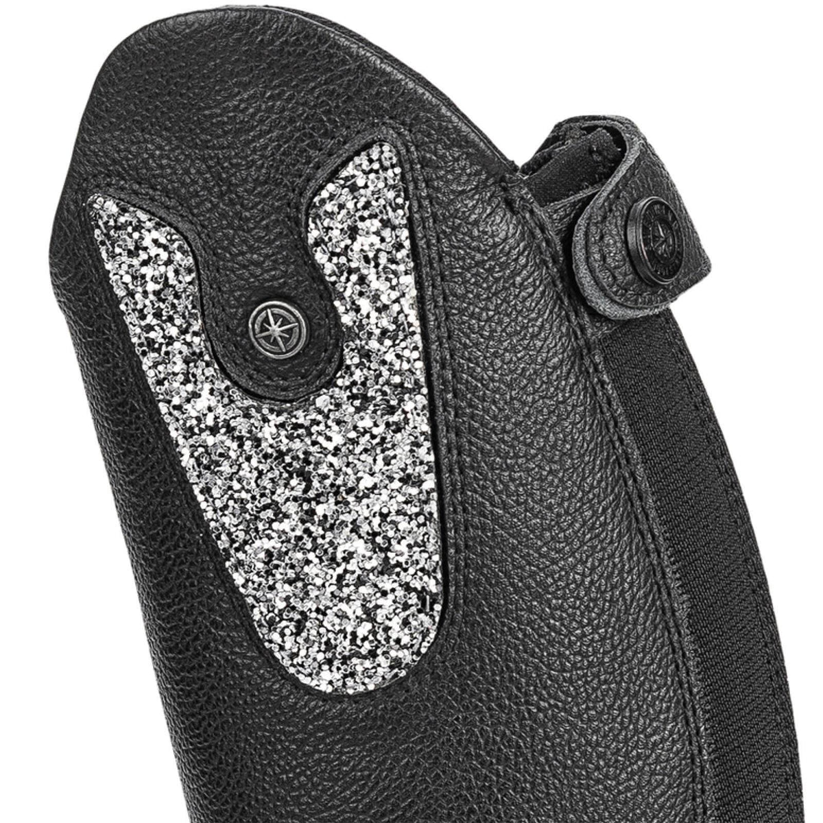 Suedwind Equestrian Patches Nova Kids Fun, Schwarz, Detailaufnahme am Stiefel mit Glitzerpatches.
