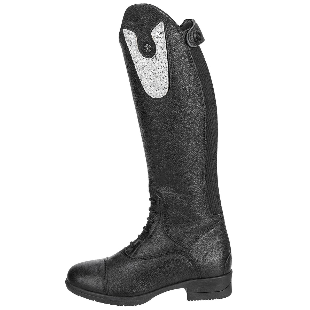 Suedwind Equestrian Patches Nova Kids Fun, Schwarz, Detailaufnahme eines Reitstiefels mit Glitzerpatch.