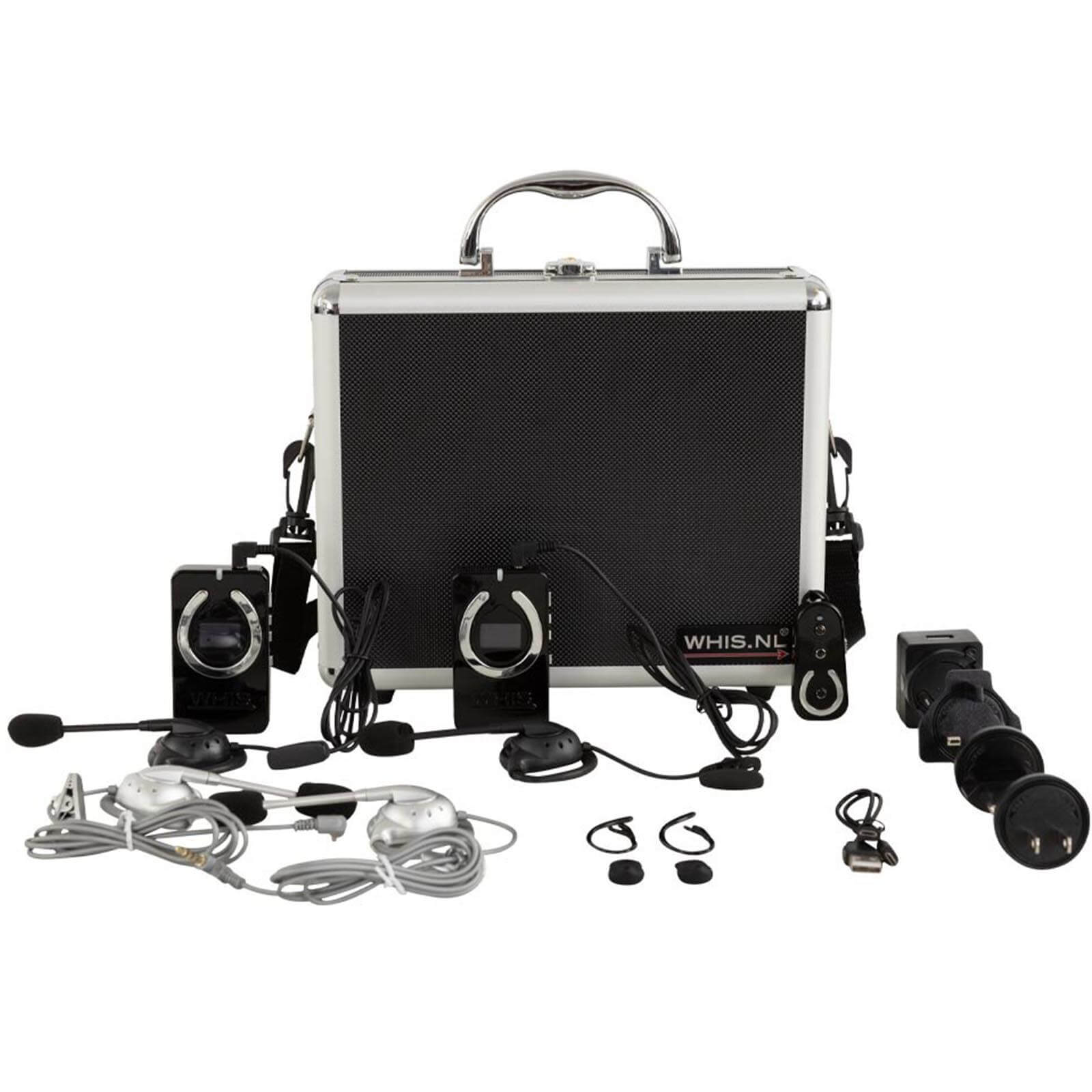 WHIS Kommunikationssystem Competition Pro Audio-Headset-System, Produktset mit Koffer und Headsets auf weißem Hintergrund.