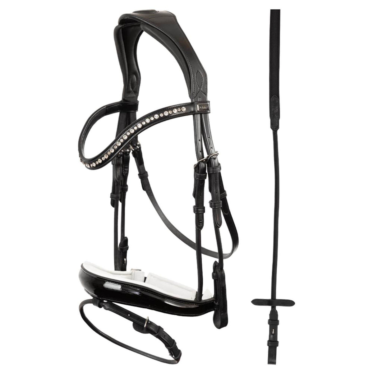 ANKY Trense ATH19002 Comfort Fit Trensenzaum, Schwarz/Weiß, Trense und Zügel auf weißem Hintergrund.