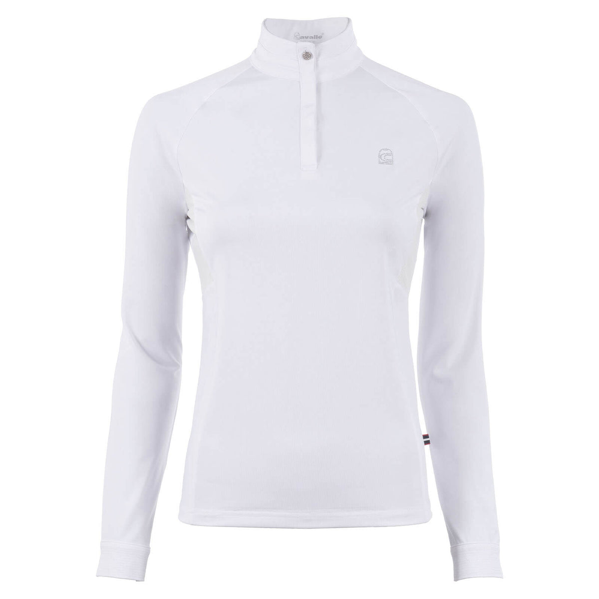 Turniershirt Langarm Damen Cavaluv Halfzip Langarmshirt, White, Produkt allein auf weißem Hintergrund.