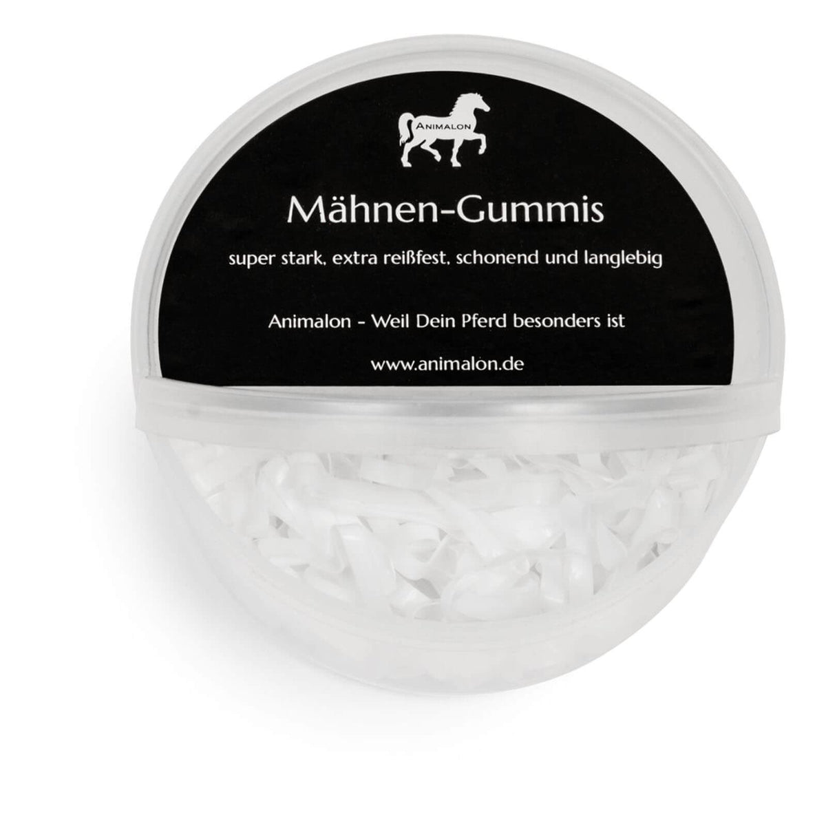 Animalon Mähnen-Einflechtgummis, Weiß, Produkt allein in transparenter Dose.