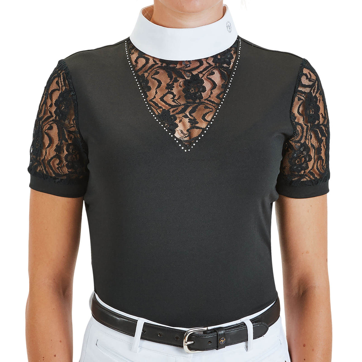 Turnier-Shirt Ravenna, Schwarz, an Person getragen mit Spitzeneinsatz und Strassverzierung.