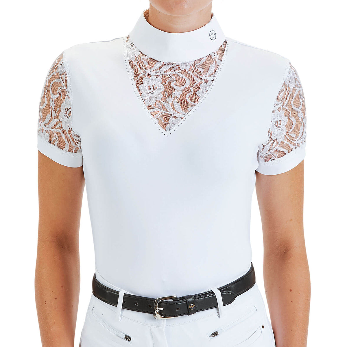 Turnier-Shirt Ravenna, Weiß, Modell mit Spitzeneinsatz und Strassdetails an Kragen und Ausschnitt.