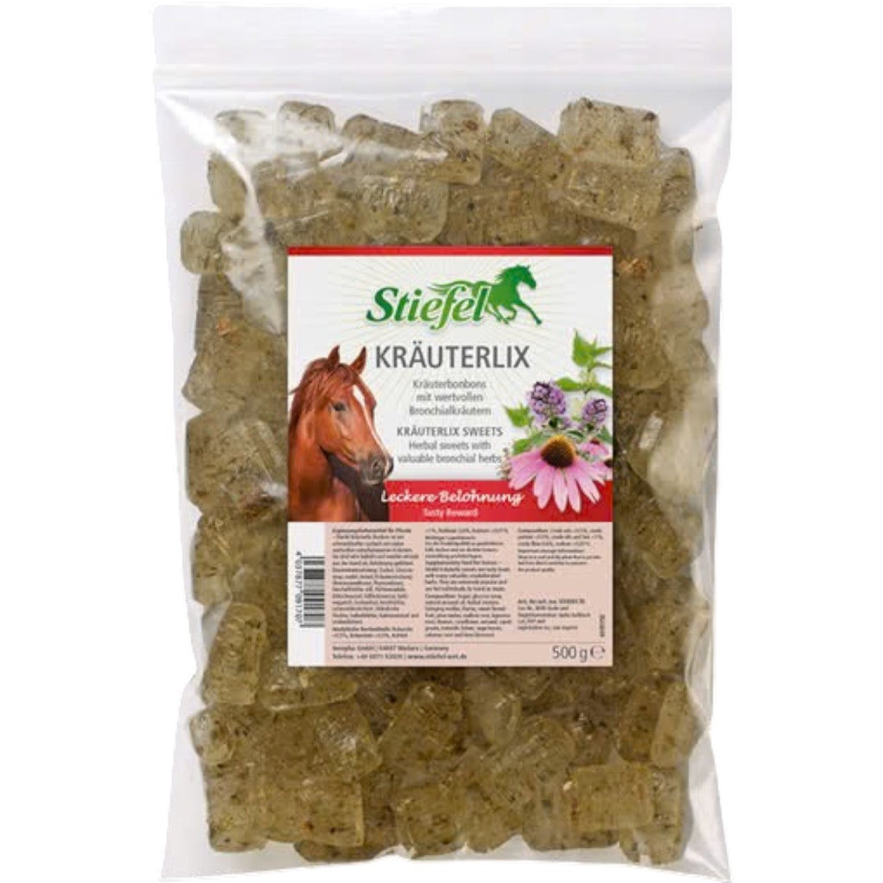 Stiefel Pferdebonbons Kräuterlix Pferdeleckerlis Pferdesnacks, 500 g, Produkt allein in Beutelverpackung.