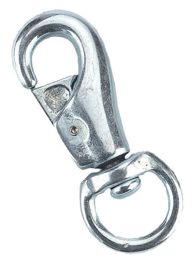 KERBL Karabinerhaken Classic, silber, Detailaufnahme mit eckigem Wirbel auf weißem Hintergrund.