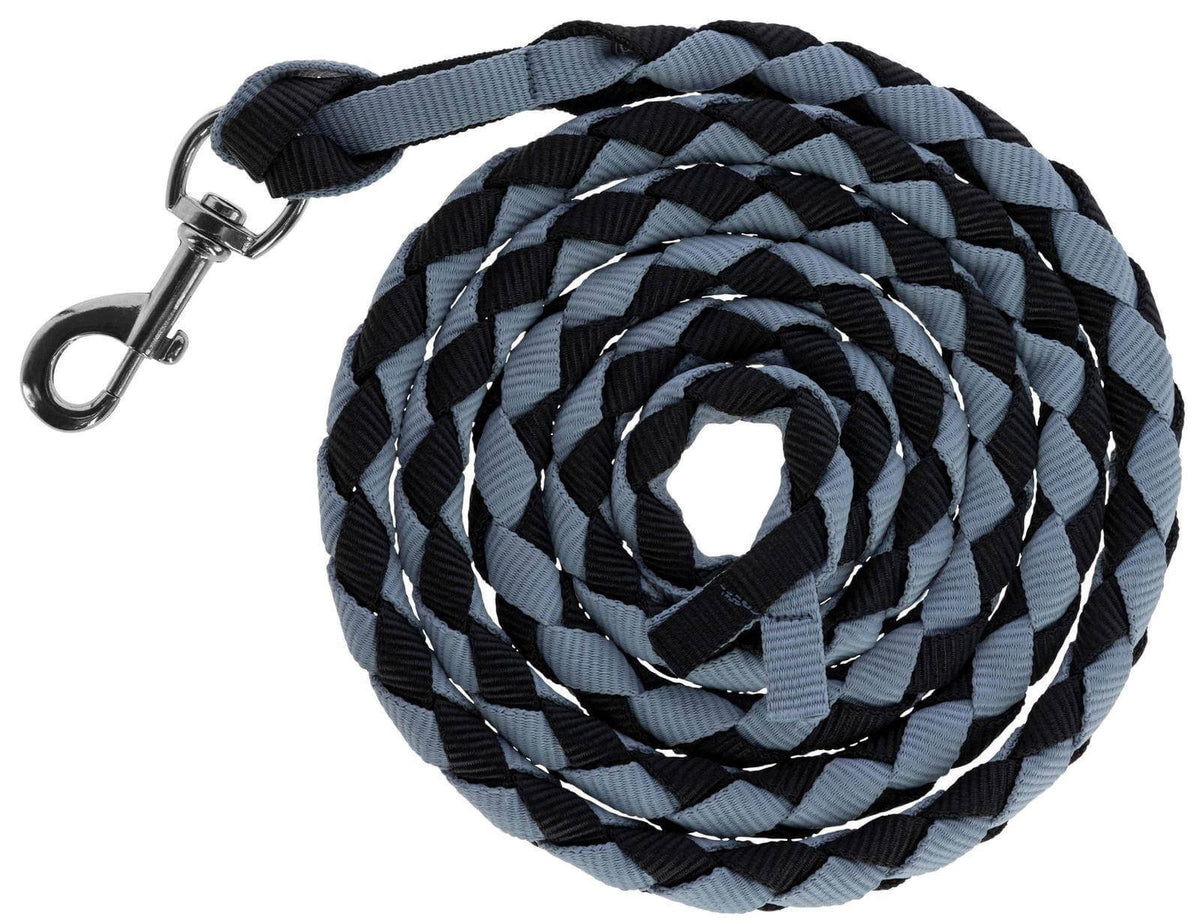 Führstrick American Lead Rope, Schwarz-Grau, auf weißem Hintergrund als zusammengerolltes Produkt mit Karabiner.